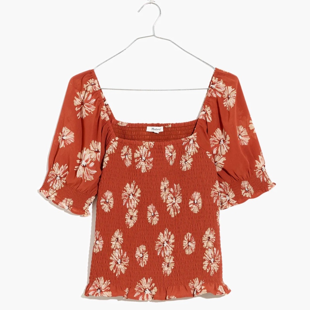 Madewell smocked Georgette Lucie puff sleeve top with tan flowers.